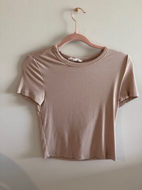 Women's Short Sleeve Ribbed Tee - Beige